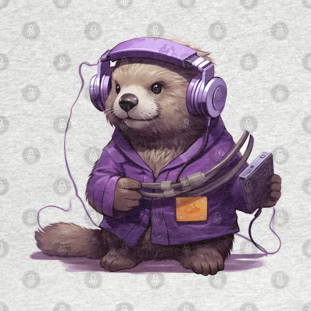 Kawaii otter listen music on the Purple tape cassette with cute face in cartoon style by MilkyBerry